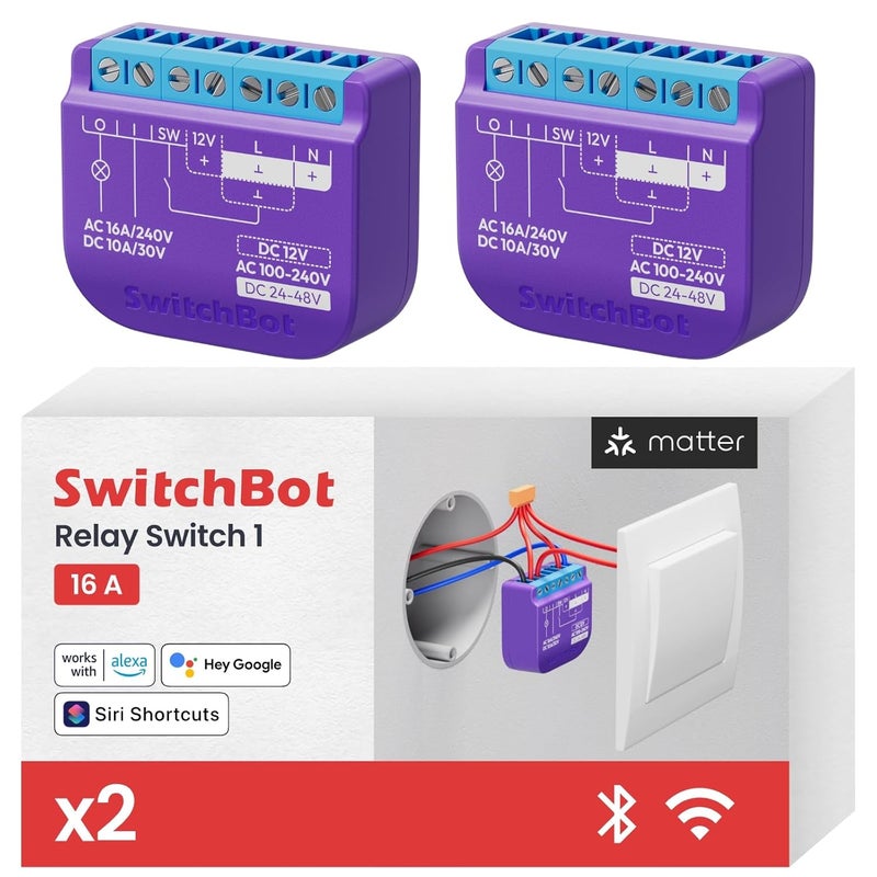 SwitchBot مفتاح واي فاي 1 (عبوة من 2) متوافق مع أليكسا/أبل هوم/جوجل هوم، وحدة مفتاح قياس الطاقة مع مكرر بلوتوث مدمج وموصل جاف، واي فاي 2.4 جيجاهرتز، 16 أمبير - Image 1